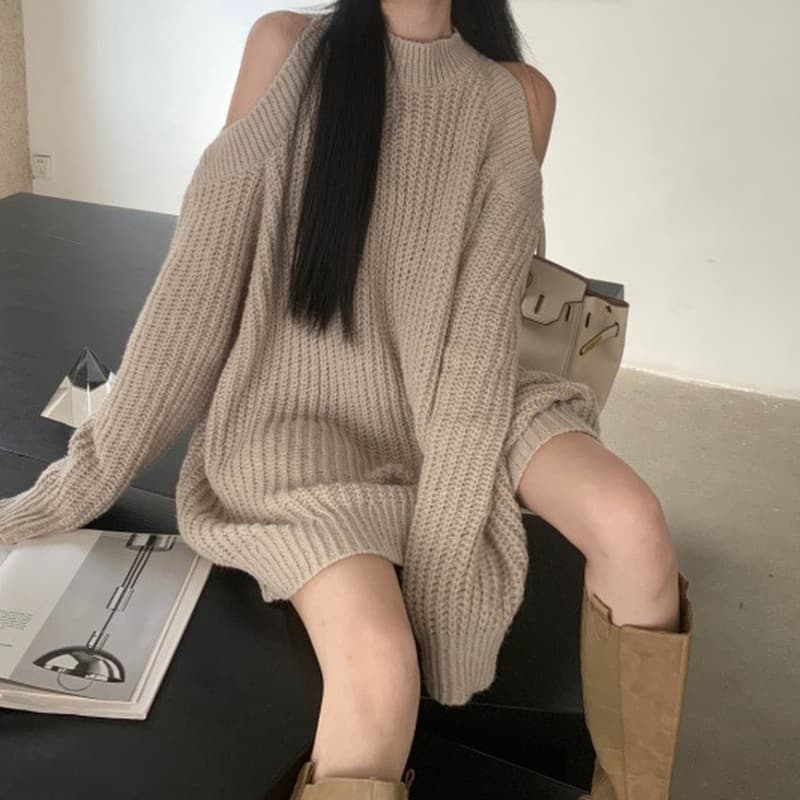 ミニワンピース 肩あき彫刻風ニットミニワンピ