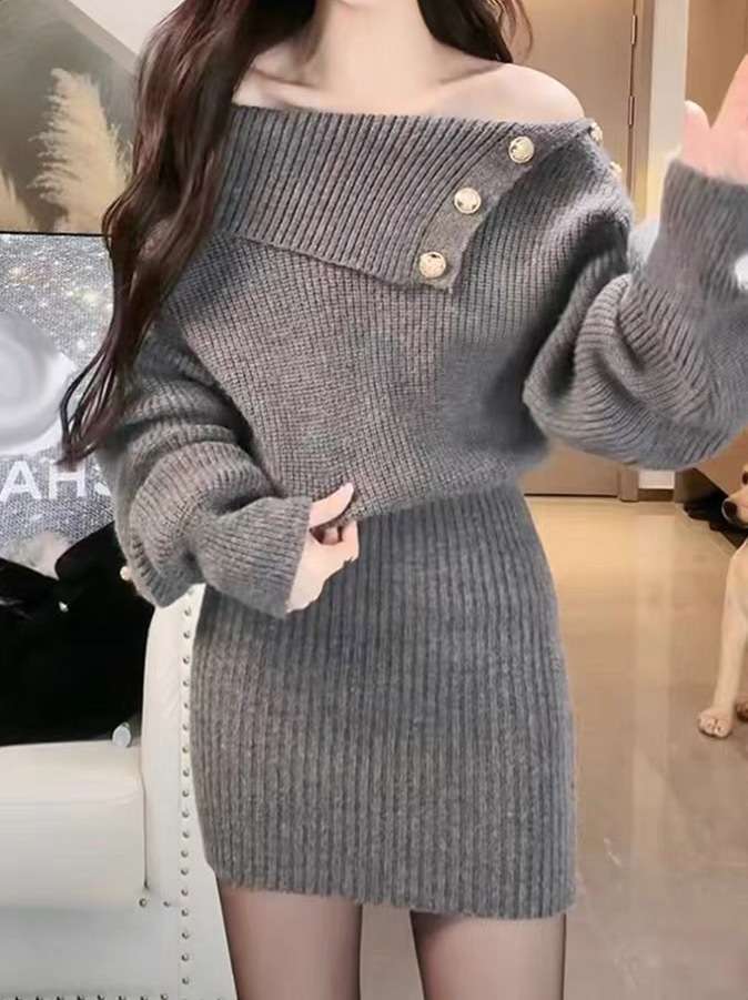 ミニワンピース オフショルダーボタンデザインニットワンピ