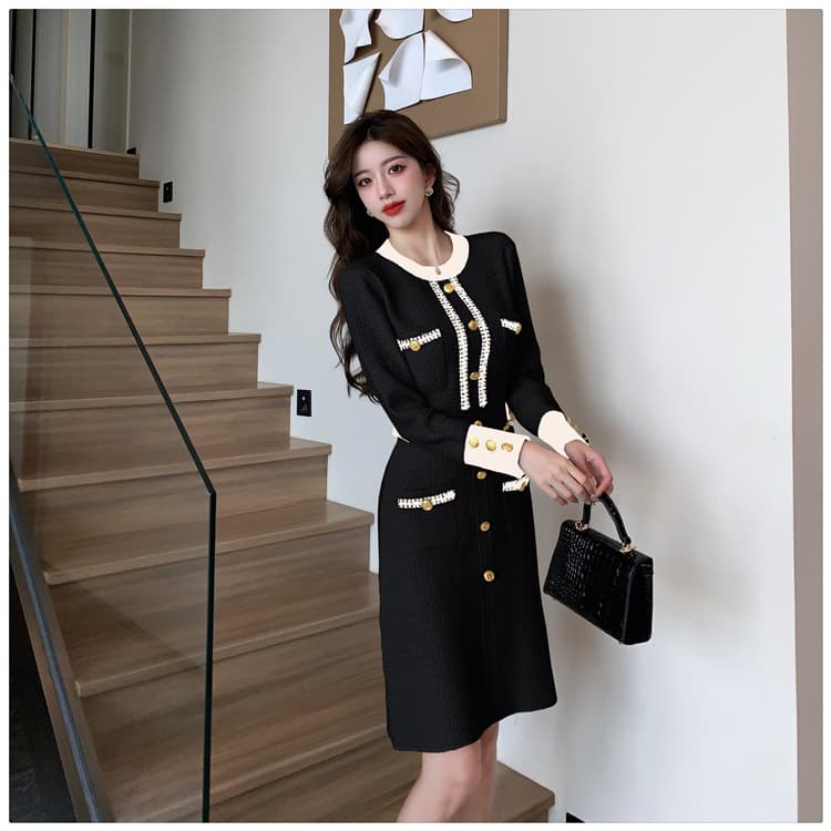 ミニワンピース バイカラーニットワンピース 膝上丈 春秋冬対応 女性用