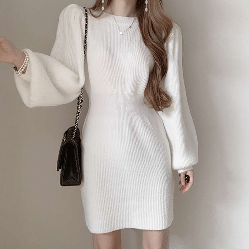 ふんわり袖のリブニットミニワンピース