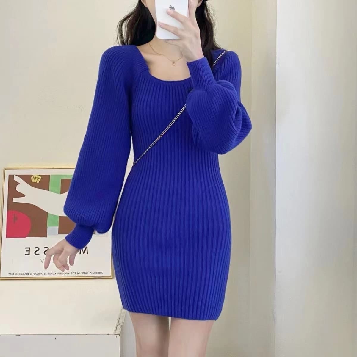 大人可愛いパフスリーブリブニットミニワンピース