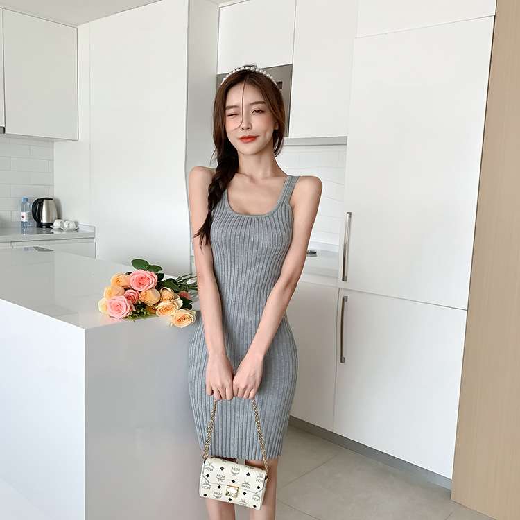 リブニット素材 タイトニットミニワンピース 夏用