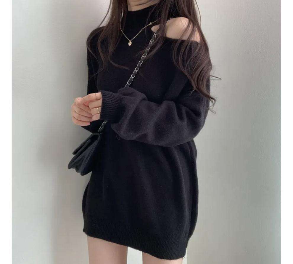 【秋冬】ミニワンピース オフショルダー風ニットワンピース