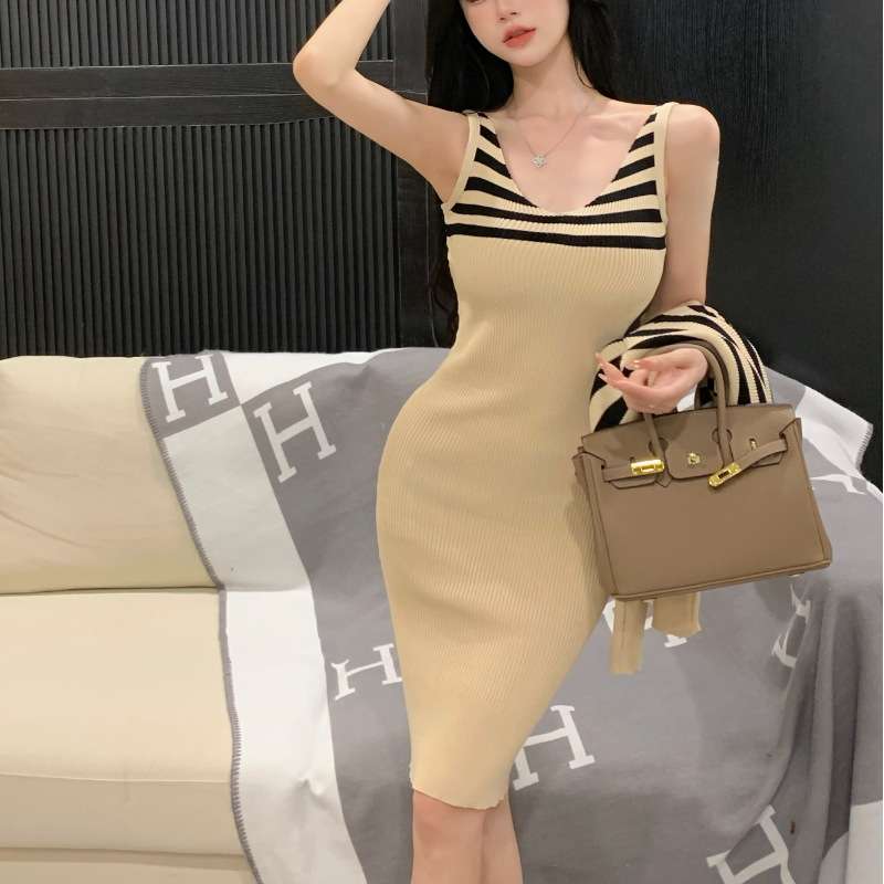 ボーダー柄カーディガン&タイトミニワンピースセット　リブ素材