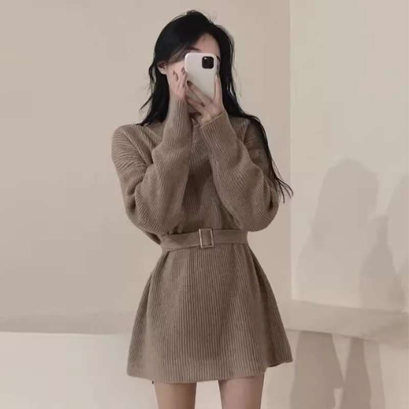 ベルト付き リブニットミニワンピース 秋冬