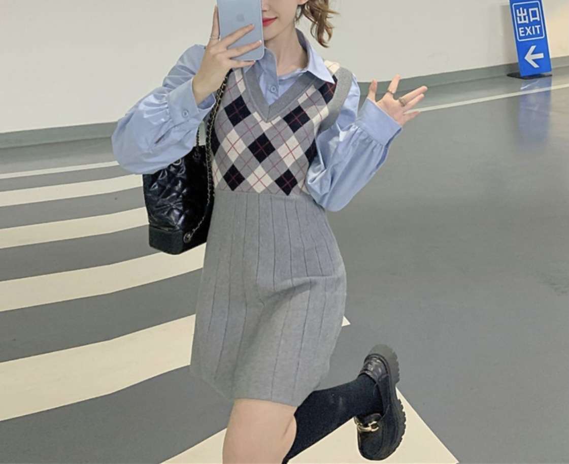 チェック柄ベスト付きシャツミニワンピース