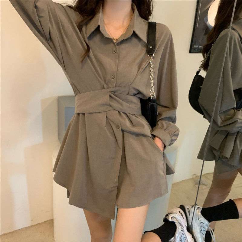 ミニワンピース ウエストリボンシャツミニワンピース&ショートパンツ 2点セット 