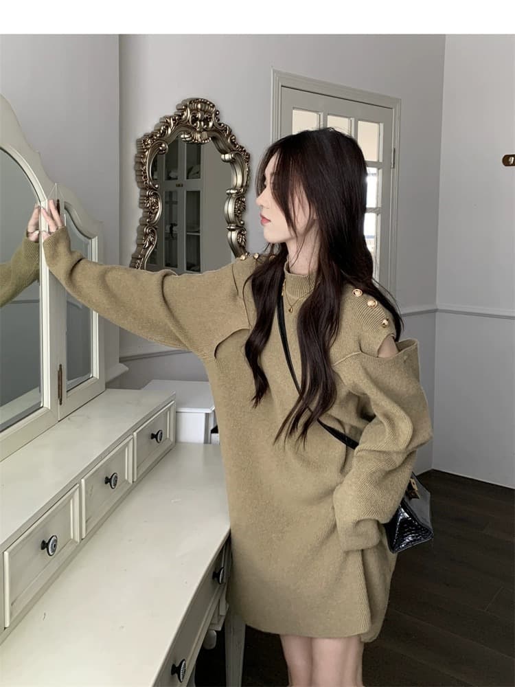 シースルーショルダーふんわりニットミニワンピース