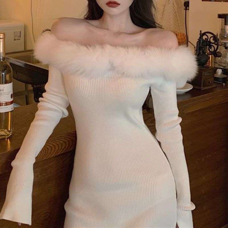 ファー付きリブニットミニワンピース