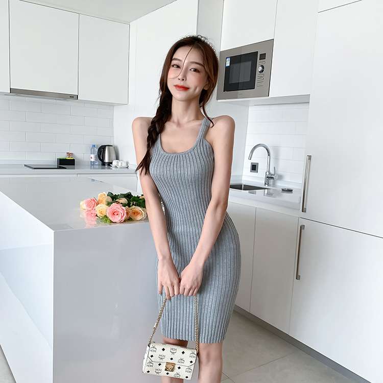 リブニット素材 タイトニットミニワンピース 夏用