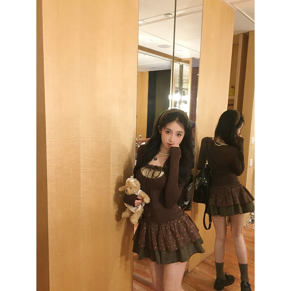 レースアップ ミニワンピース フリル