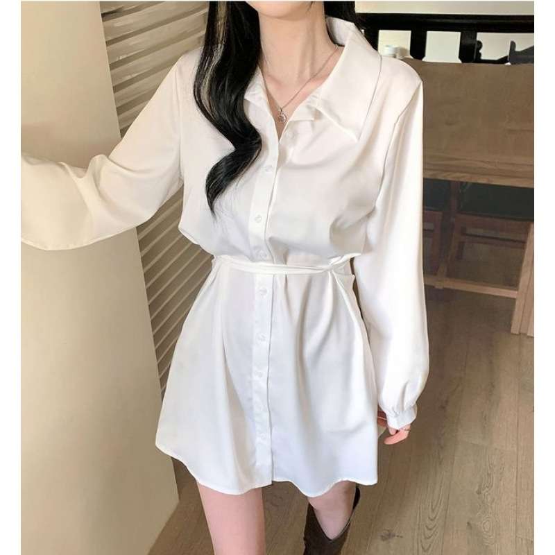 ゆったりシルエット ウエストマークシャツミニワンピース