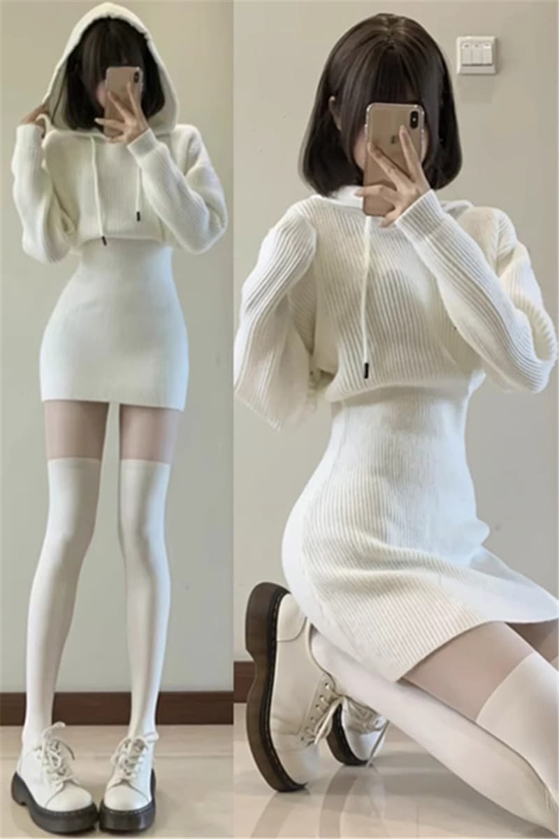 フード付きリブニットミニワンピース