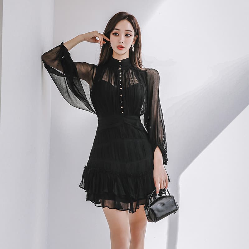 ミニワンピース シアー素材ロマンティックミニキャバドレス