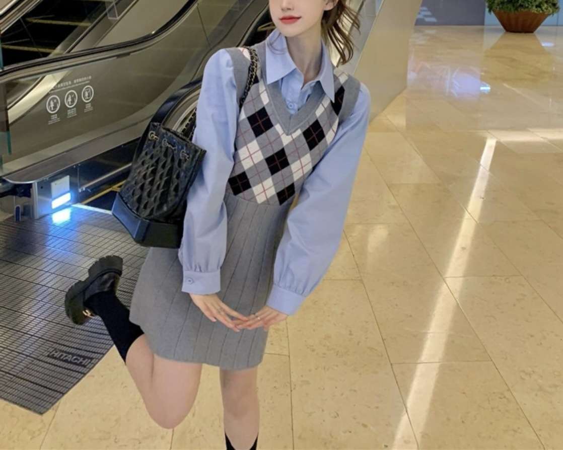 チェック柄ベスト付きシャツミニワンピース