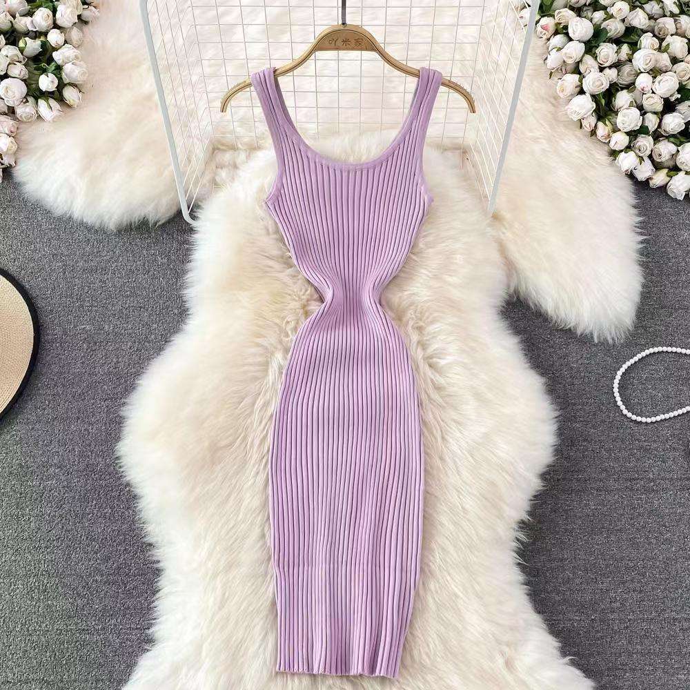 リブニット素材 タイトニットミニワンピース 夏用