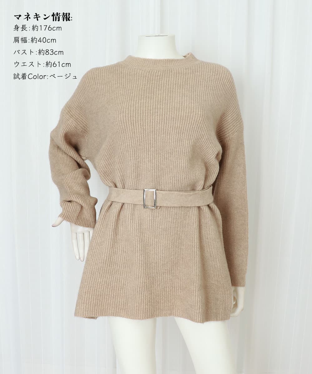 ミニワンピース ベルト付きリブニットワンピース長袖
