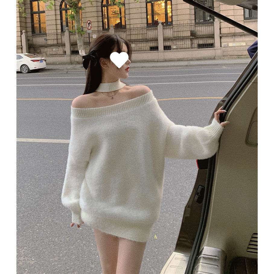 ネックオフショルダーチョーカーニットワンピ