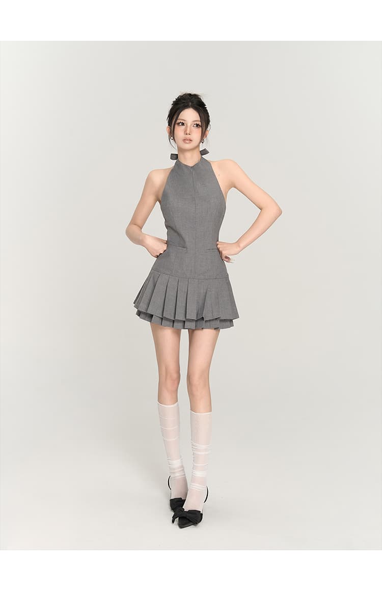 ホルターネックプリーツ フレアミニワンピース
