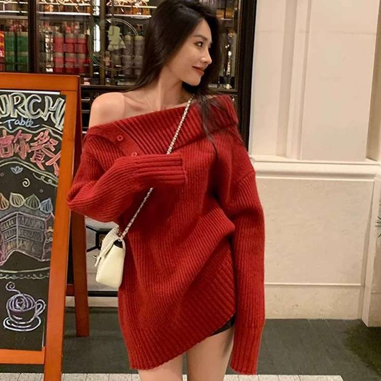 オフショルダー ニットミニワンピース
