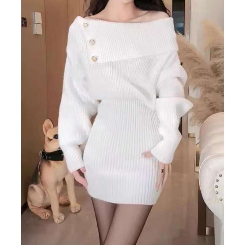 ミニワンピース オフショルダーボタンデザインニットワンピ