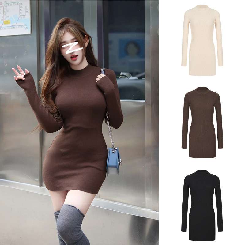 シンプルリブニットタイトミニワンピース