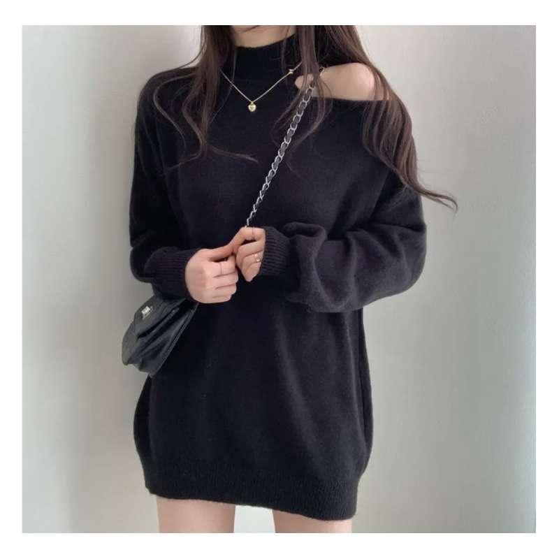 【秋冬】ミニワンピース オフショルダー風ニットワンピース