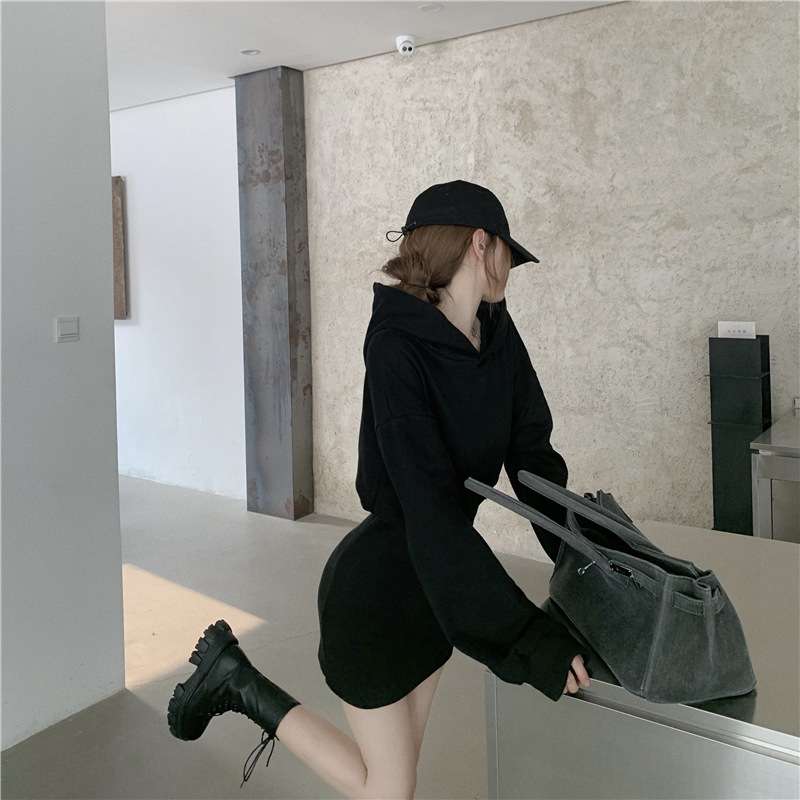 シンプルリブ切替パーカーミニワンピース