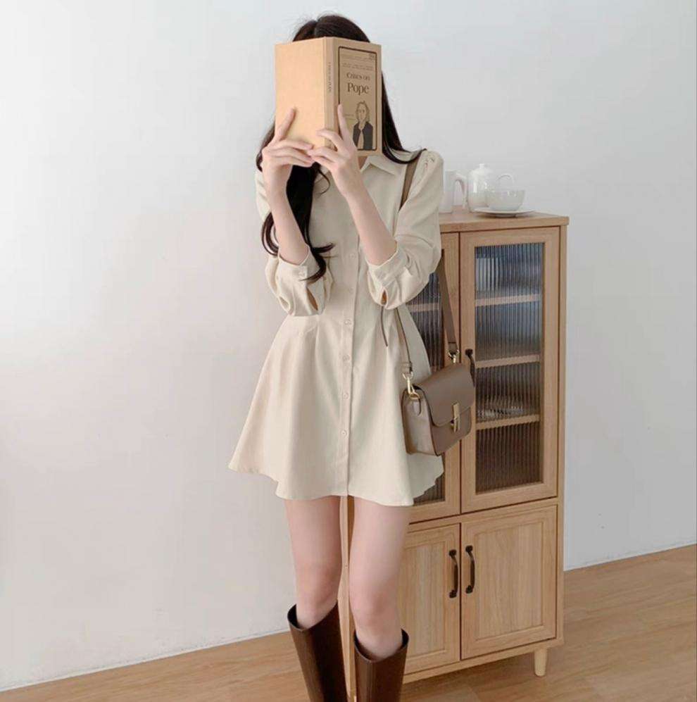 ミニワンピース ウエストタック長袖シャツワンピ