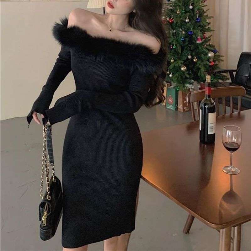 ファー付きリブニットミニワンピース