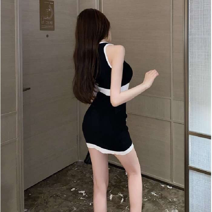 ミニワンピース モダンラインボタンデザイン 超ミニ丈タイト