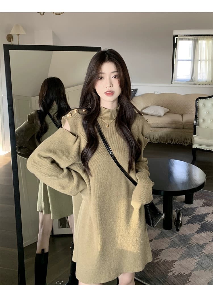 シースルーショルダーふんわりニットミニワンピース