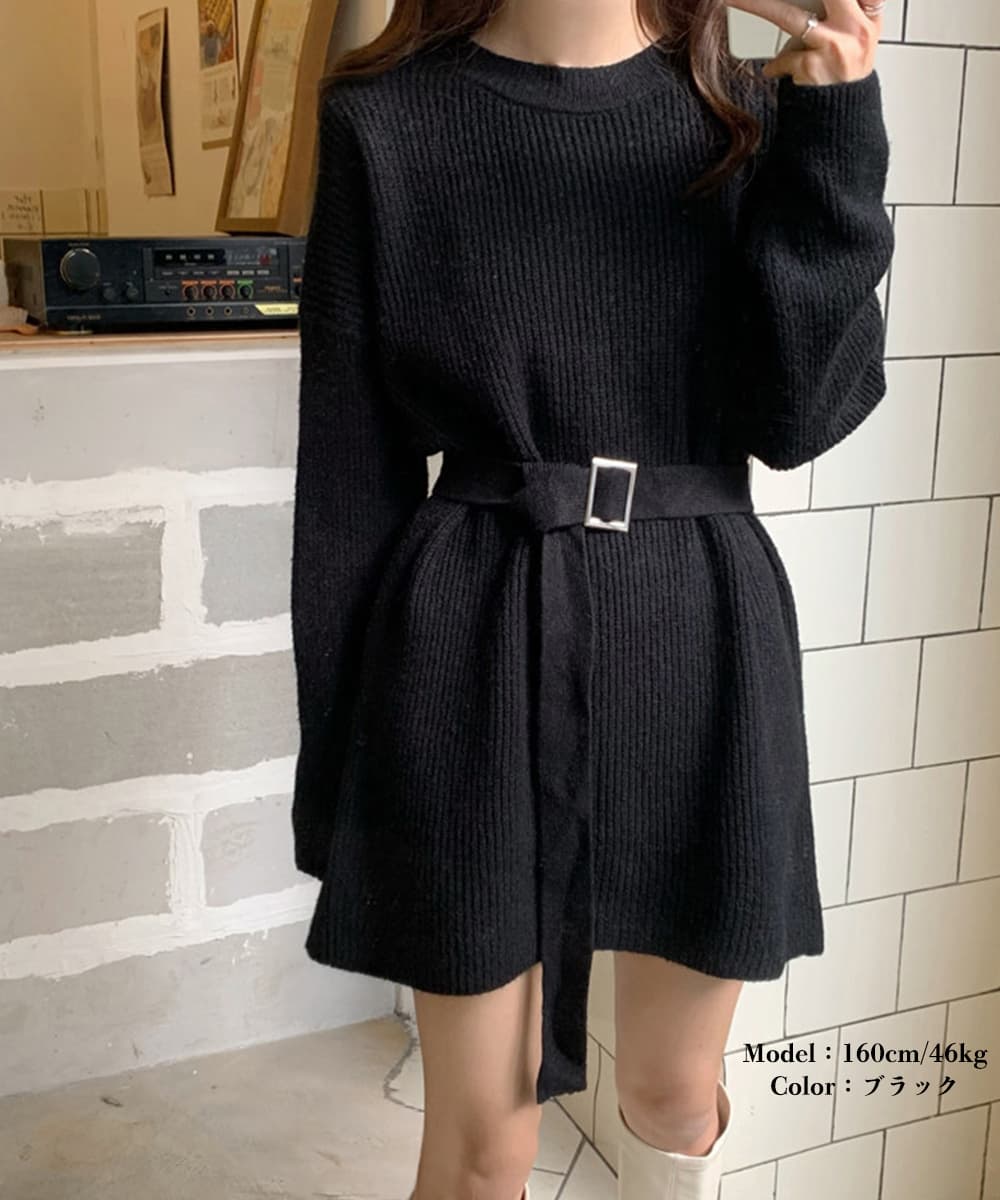 ミニワンピース ベルト付きリブニットワンピース長袖