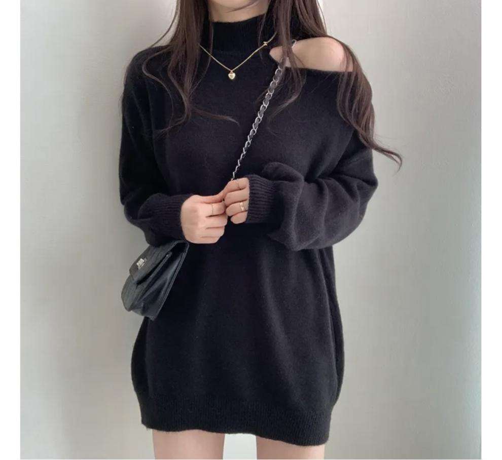 【秋冬】ミニワンピース オフショルダー風ニットワンピース
