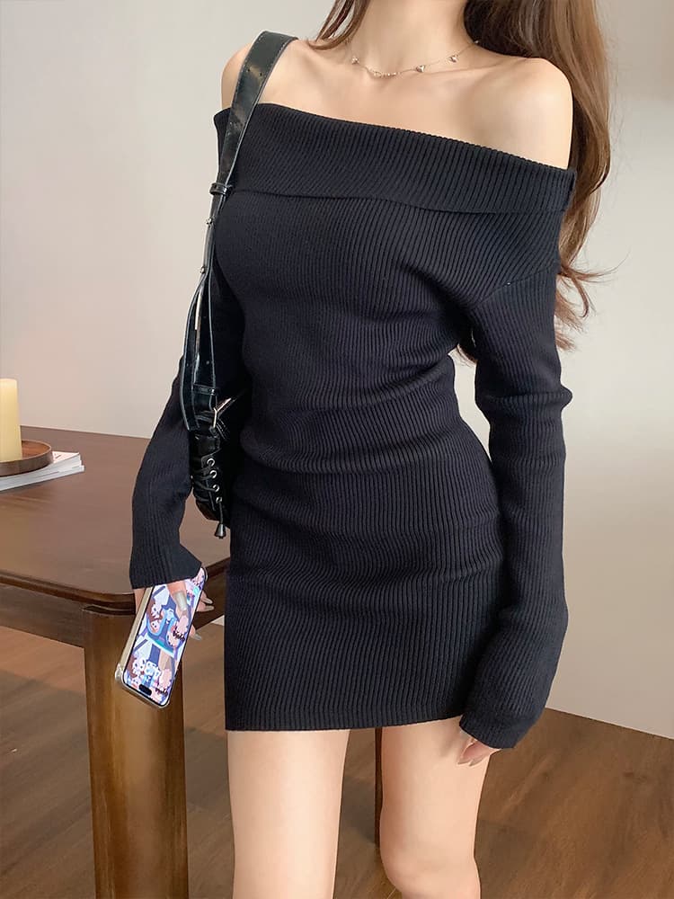 肩魅せリブニットミニワンピース