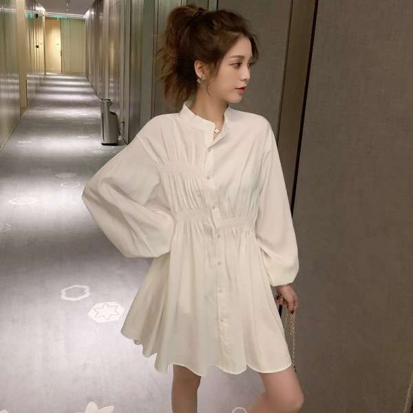ミニワンピース フリル襟ふんわりシャツワンピ