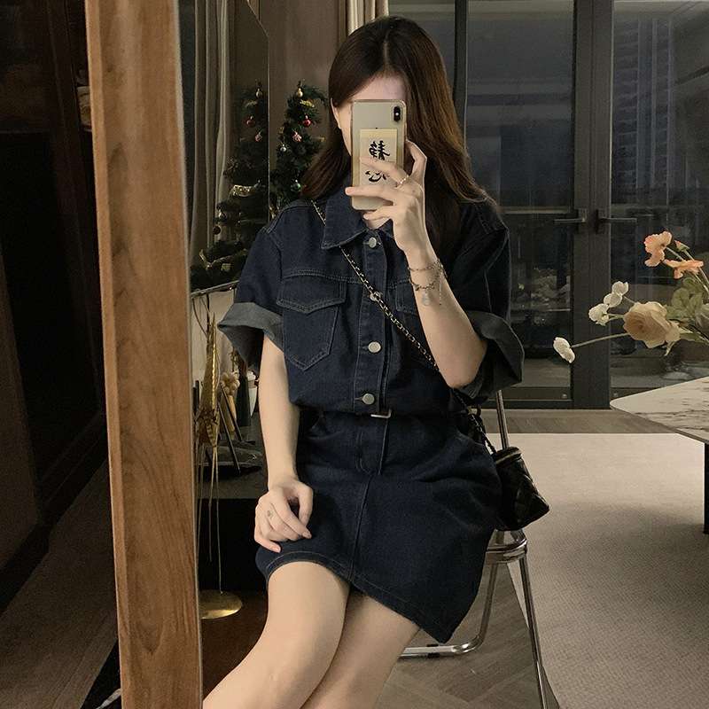 ミニワンピース 半袖デニムワンピ シンプルカジュアル