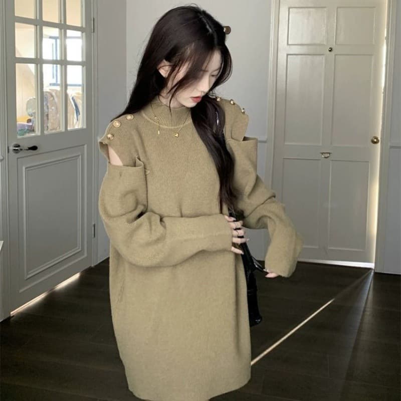 シースルーショルダーふんわりニットミニワンピース