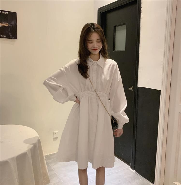 ギャザー調シャツミニワンピース