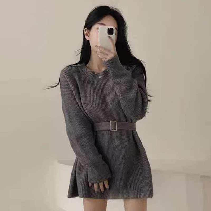 ベルト付き リブニットミニワンピース 秋冬