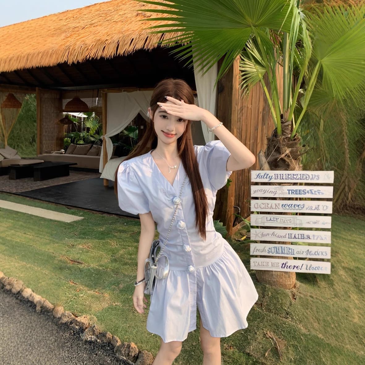 ミニワンピース ぽわん袖フロントボタンシャツミニワンピース