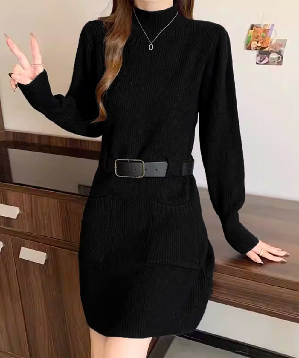 ベルト付きリブニットミニワンピース