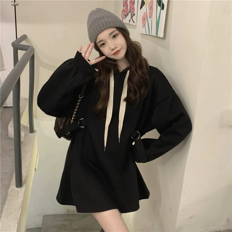 ミニワンピース 秋冬レトロ風ゆったり長袖パーカーワンピース