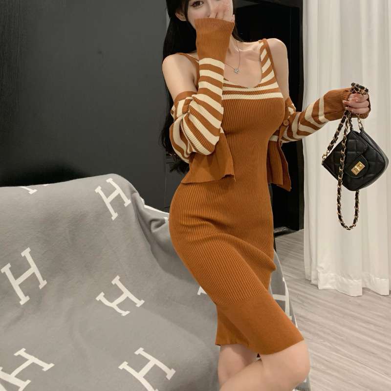 ボーダー柄カーディガン&タイトミニワンピースセット　リブ素材