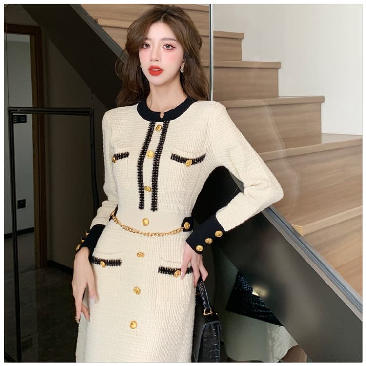 ミニワンピース バイカラーニットワンピース 膝上丈 春秋冬対応 女性用