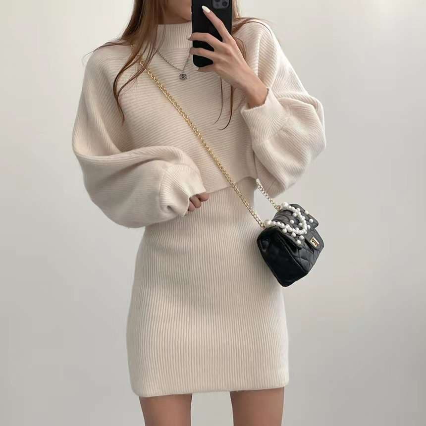 ミニワンピース オーバーサイズタートルネックxワンピースセット