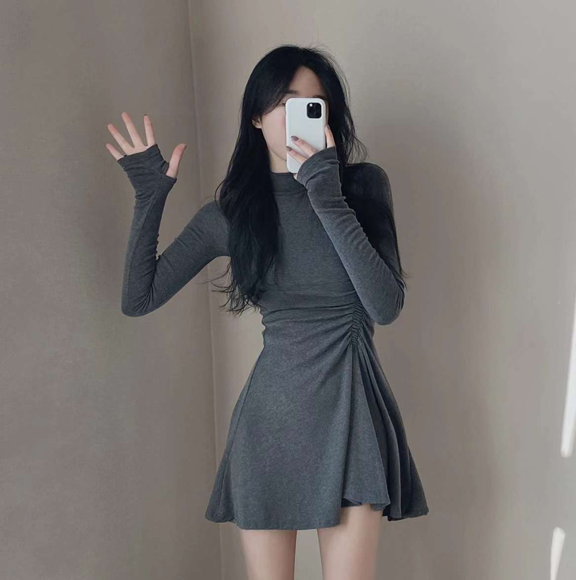 ミニワンピース シンプル無地 超ミニ丈 タイトニットワンピ 韓国風