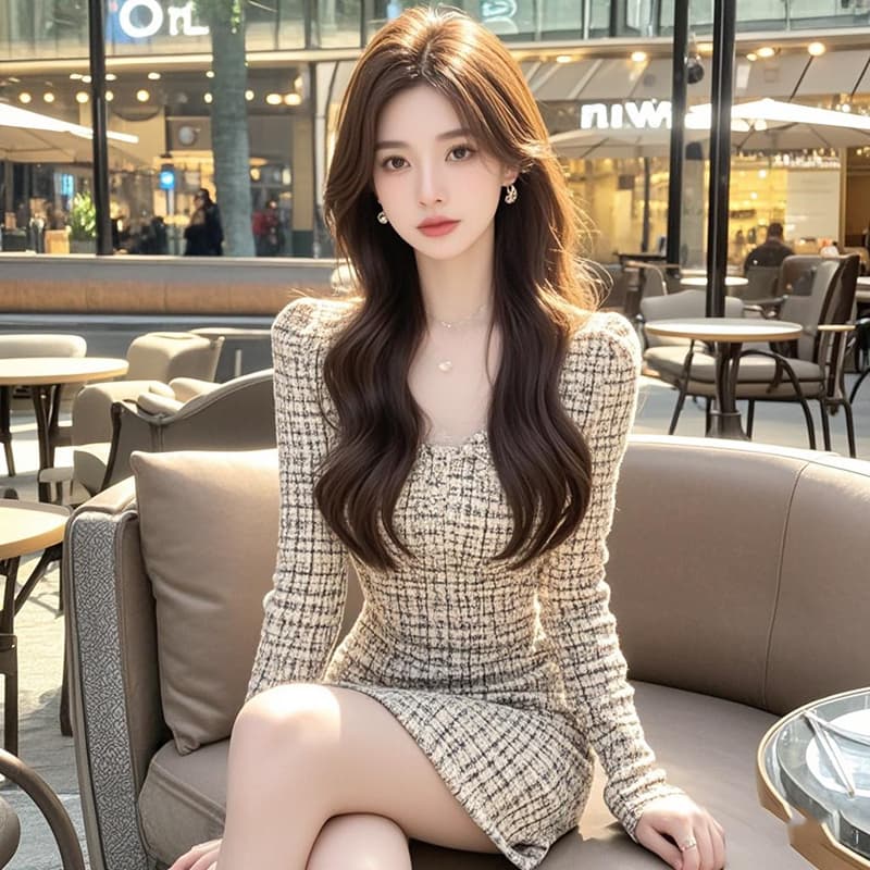 ミニワンピース パール飾り付きツイード