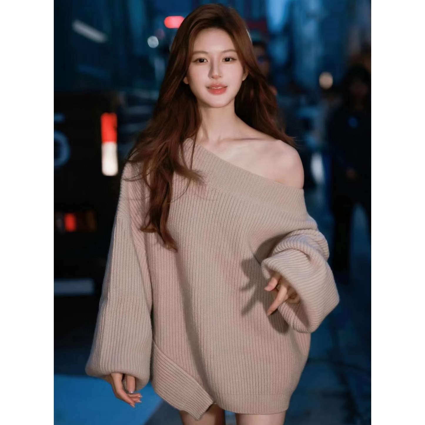 オフショルダーニットミニワンピース