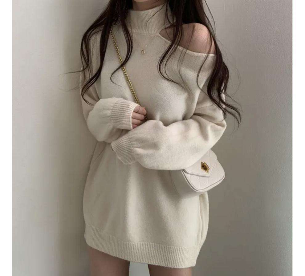 【秋冬】ミニワンピース オフショルダー風ニットワンピース
